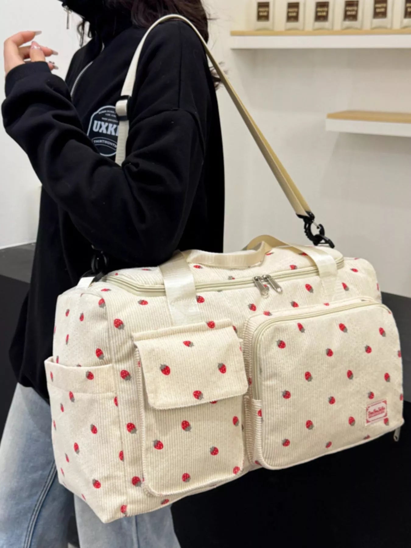 women's strawberry print corduroy travel bag - alternate angle