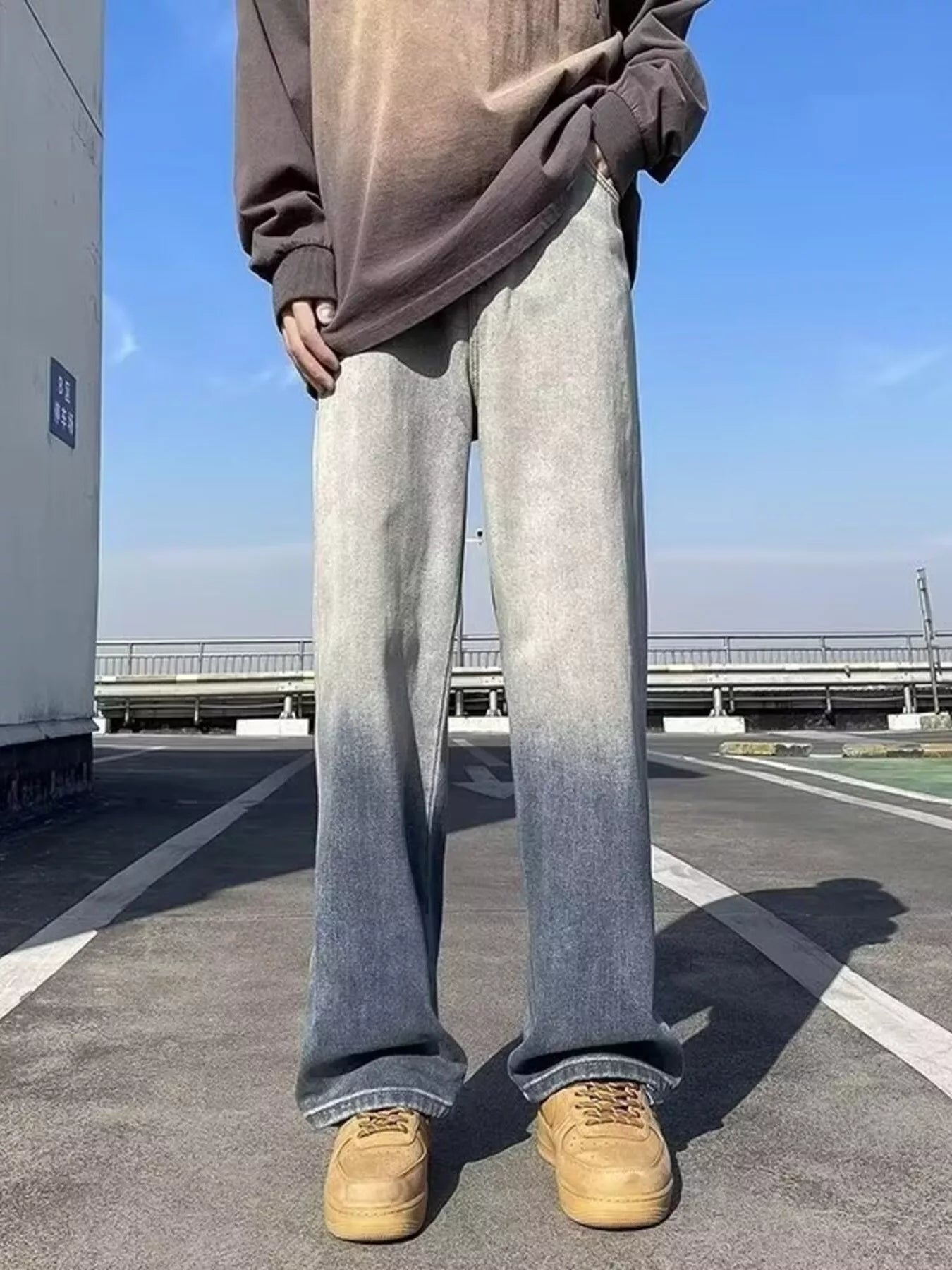 men's men's full size vintage wash wide leg jeans plus size - back view