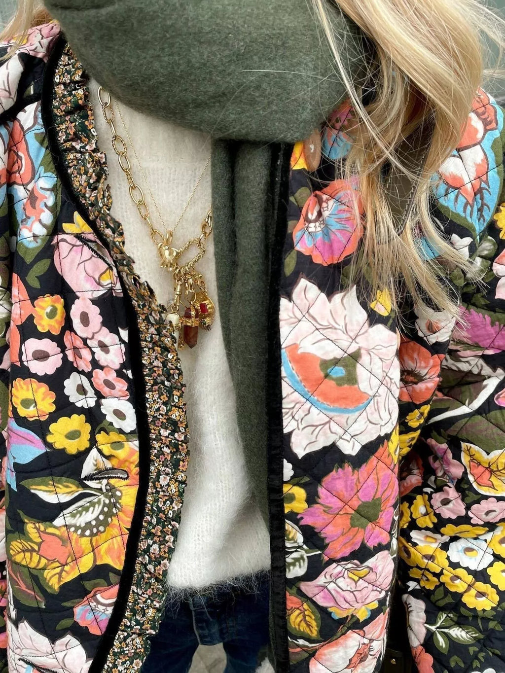 women's full size floral print quilted sherpa-lined jacket plus size - alternate angle