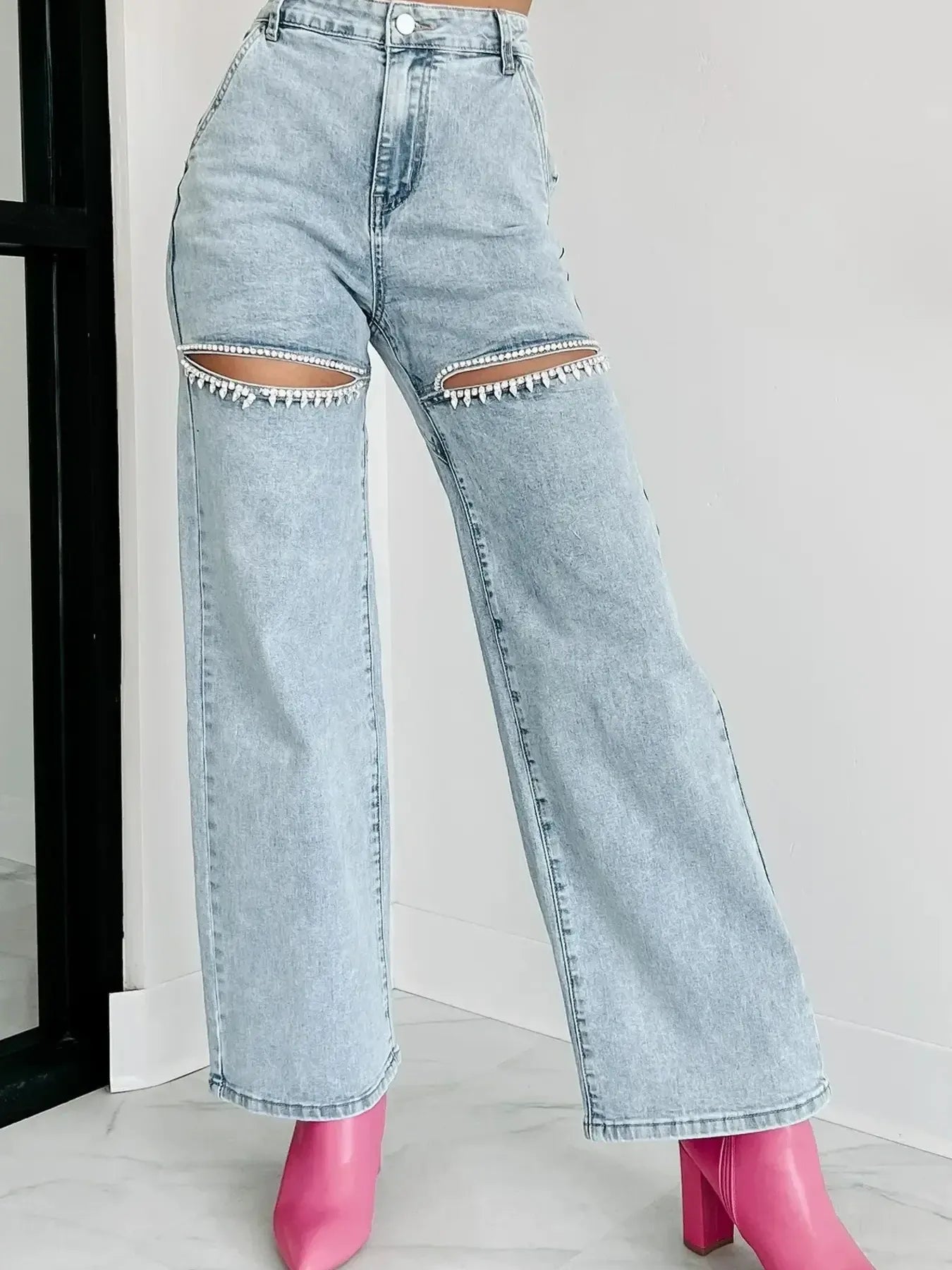 High Waist Cut-Out Wide Leg Jeans Light Blue