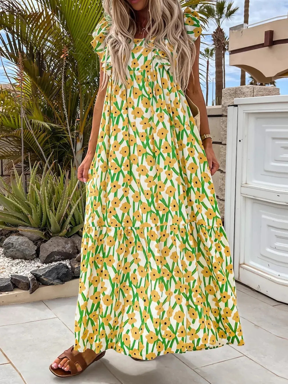 Ruffled Printed Cap Sleeve Midi Dress Yellow Green