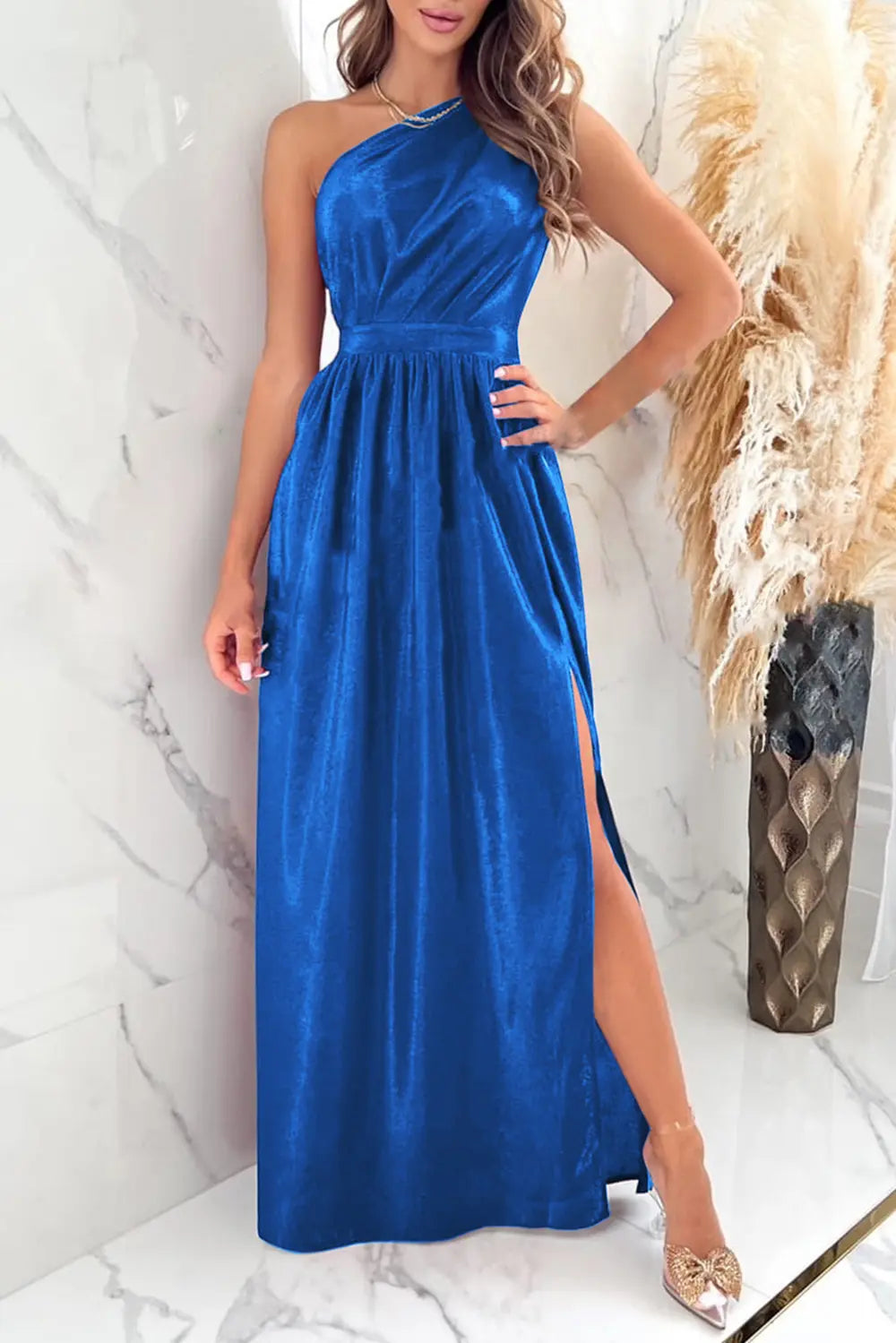 One-Shoulder Slit Ruched Maxi Dress – Donjane Royal Blue
