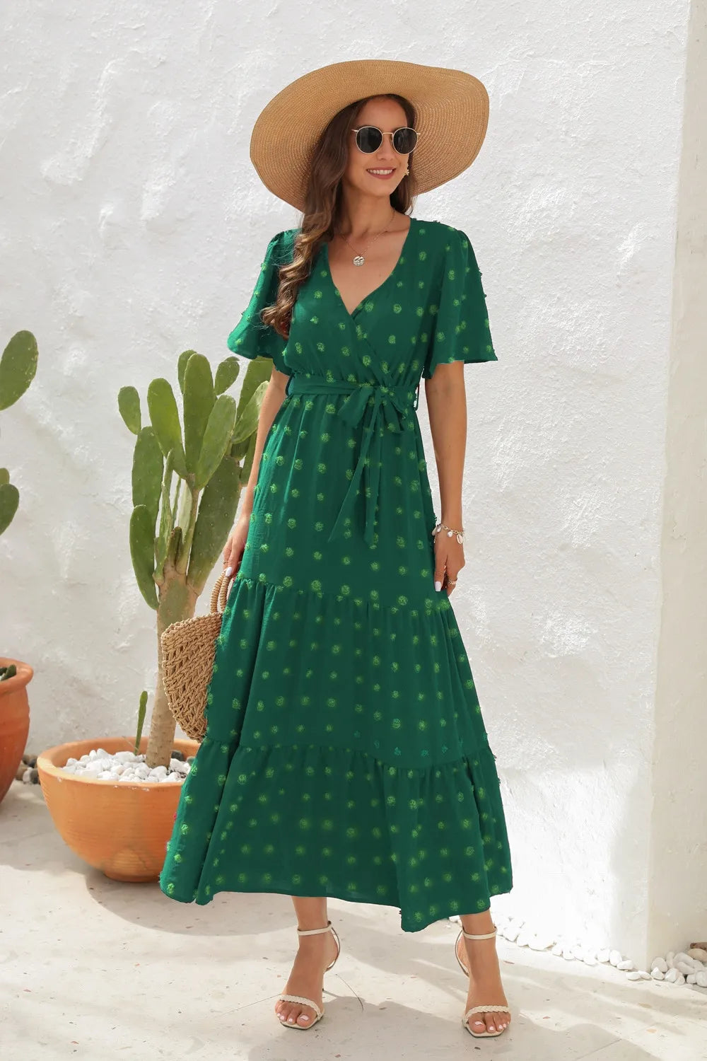Swiss Dot Tied Surplice Short Sleeve Dress Dark Green