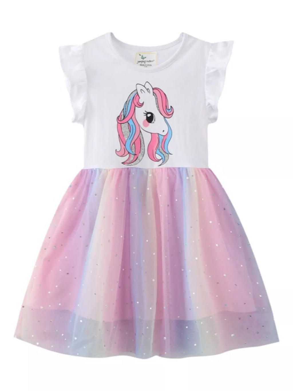 women's children's unicorn print rainbow tulle dress - styled view