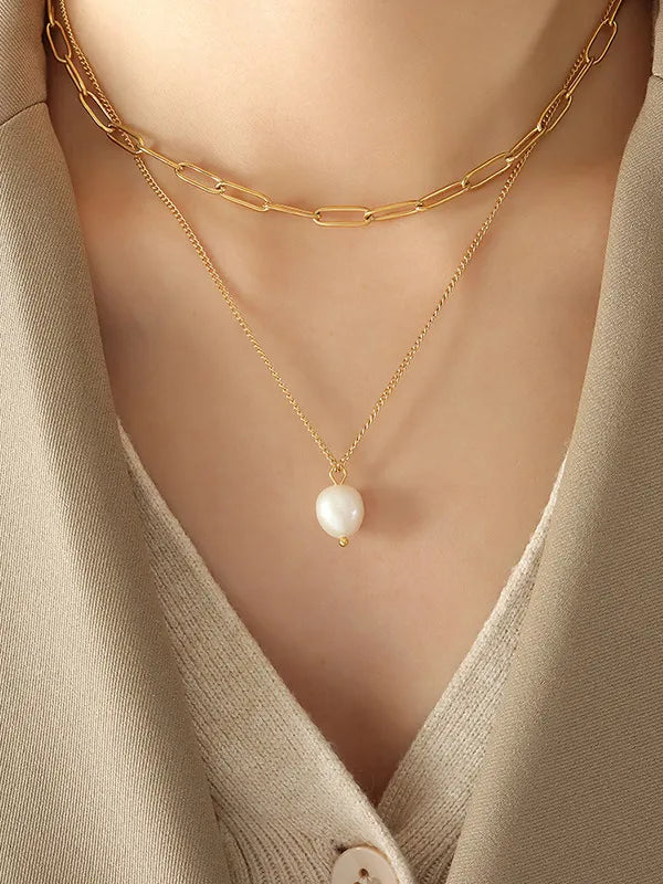 freshwater pearl titanium steel double-layered necklace — women’s activewear view