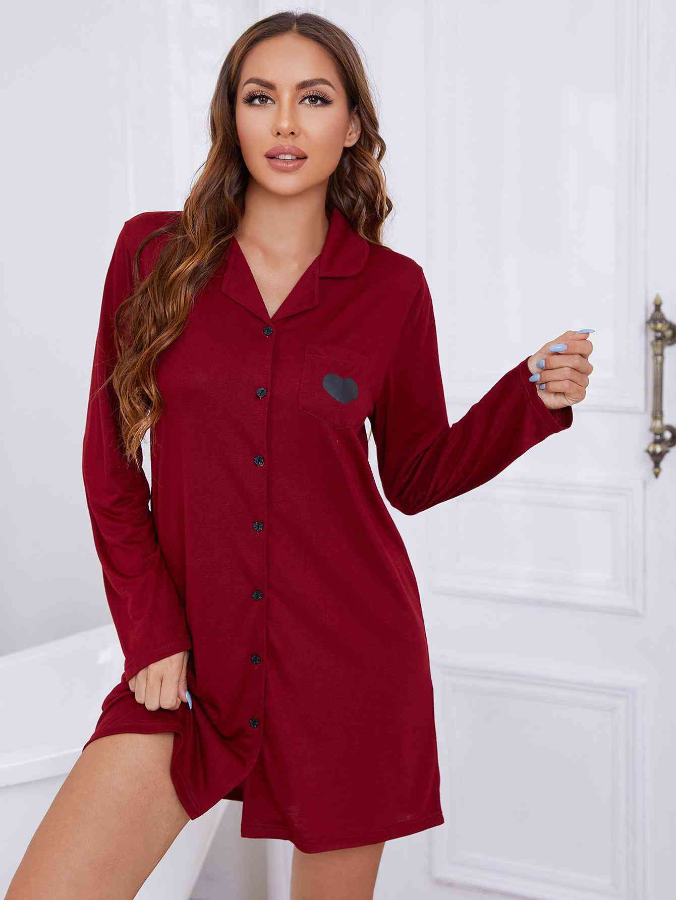 Heart Graphic Lapel Collar Long Sleeve Night Dress Red