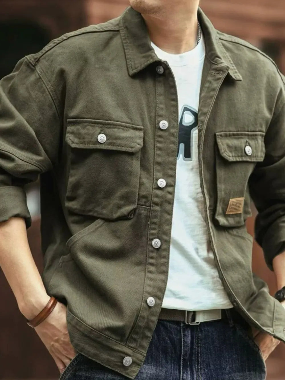 Men's Washed Collared Neck Cargo Jacket Moss