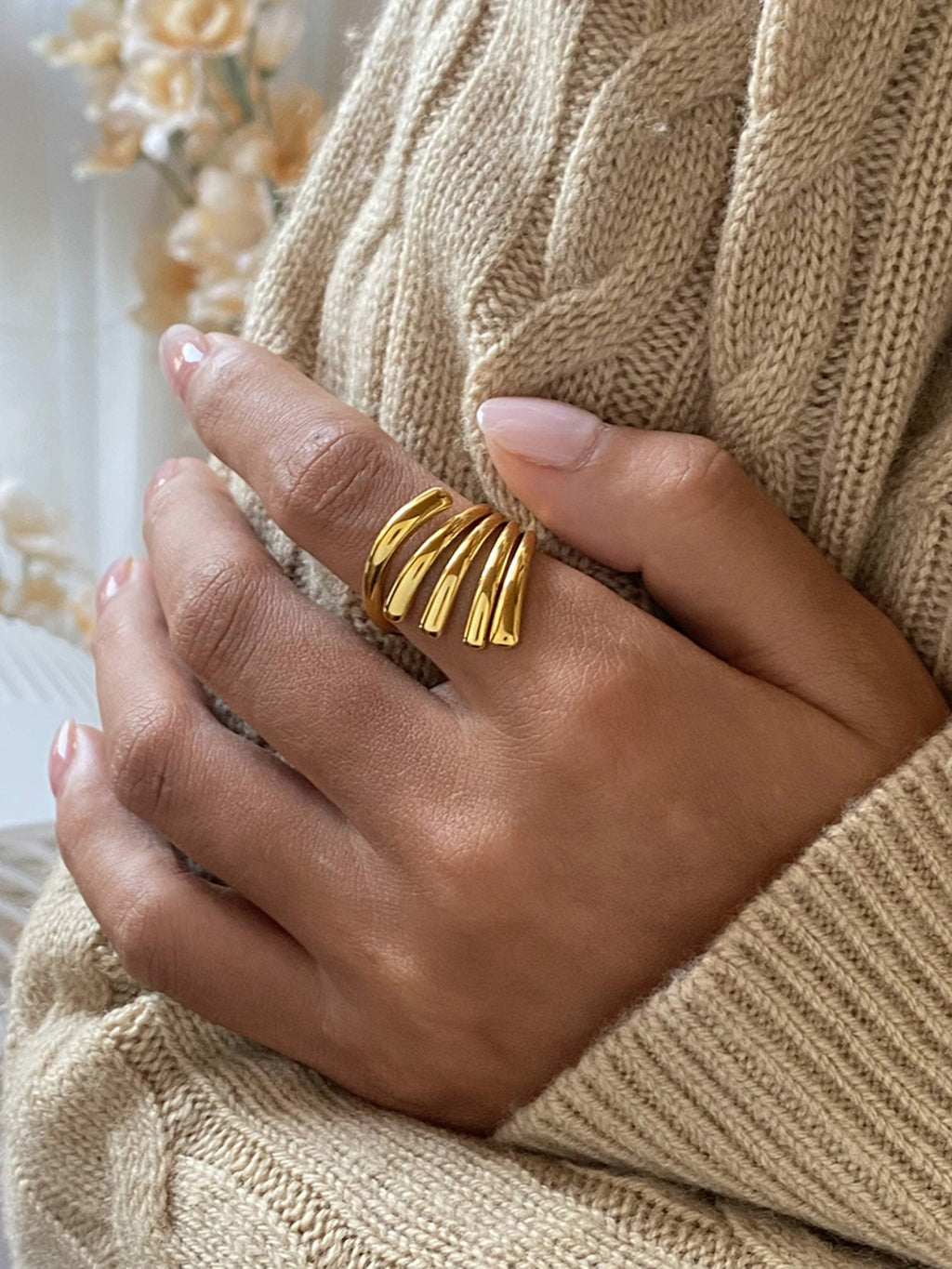 marriage rings gold unique engagement rings 18K Gold-Plated Stainless Steel Irregular Lines Open Ring in Gold, size One Size, shown in side perspective highlighting gemstone detail