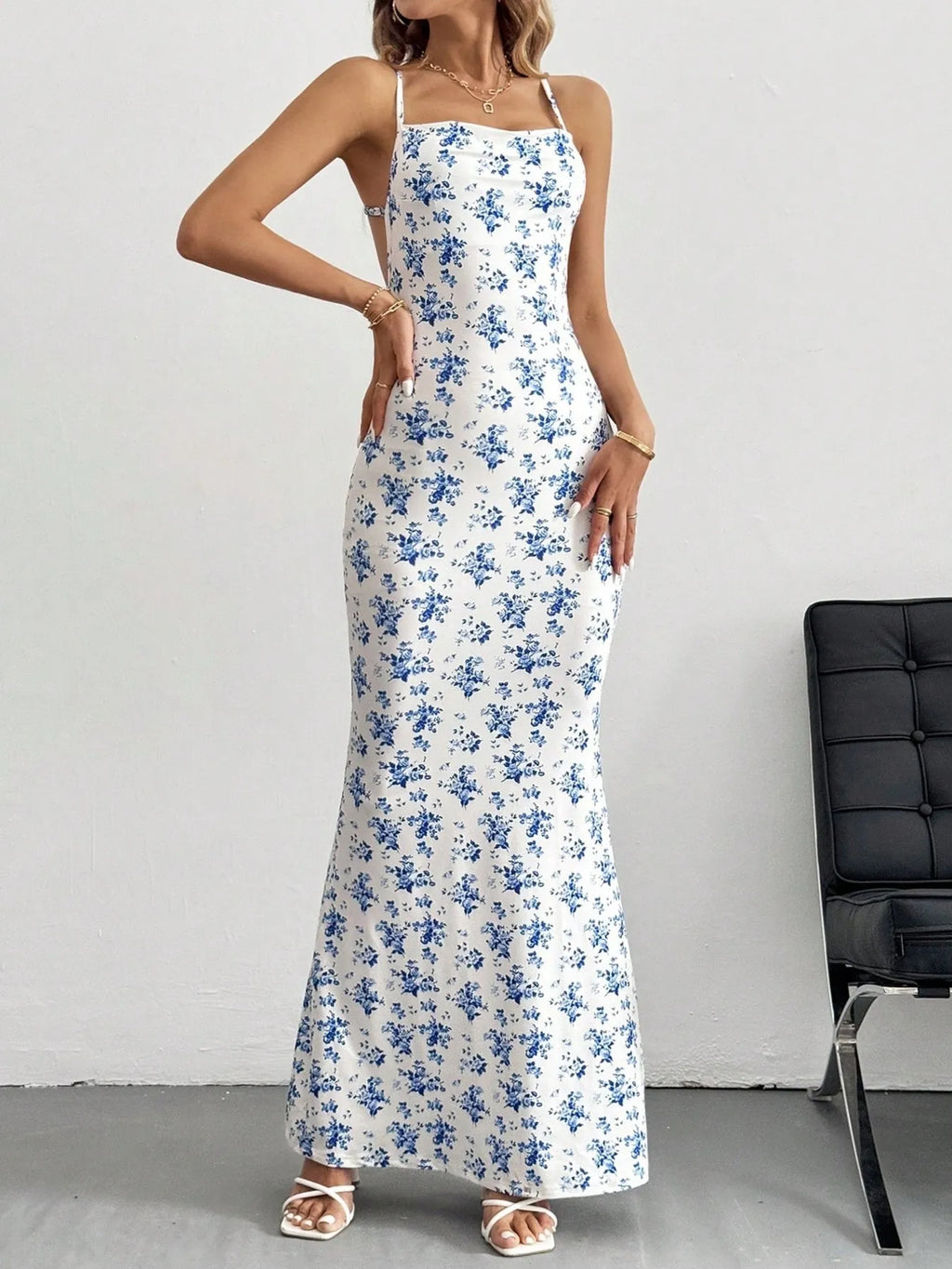 Crisscross Back Floral Print Bodycon Maxi Dress