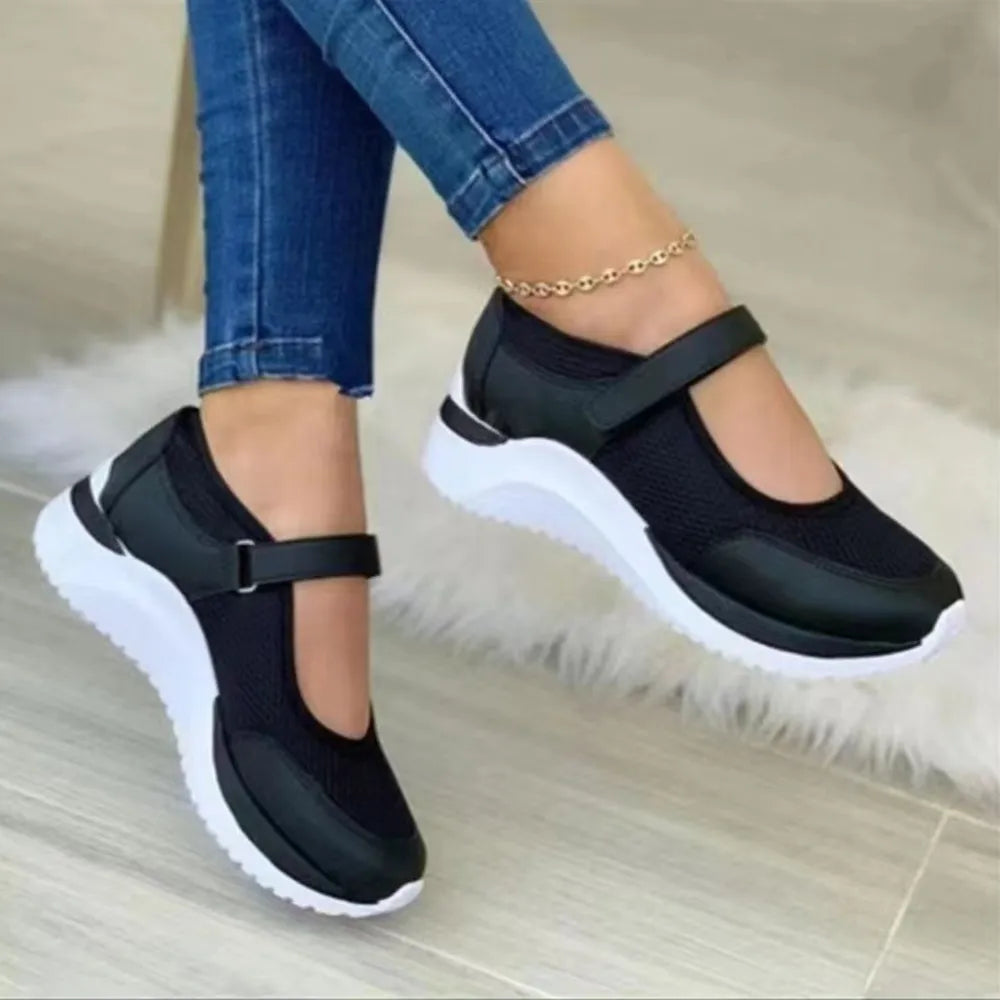 Velcro Strap Round-Toe Wedge Sneakers Black
