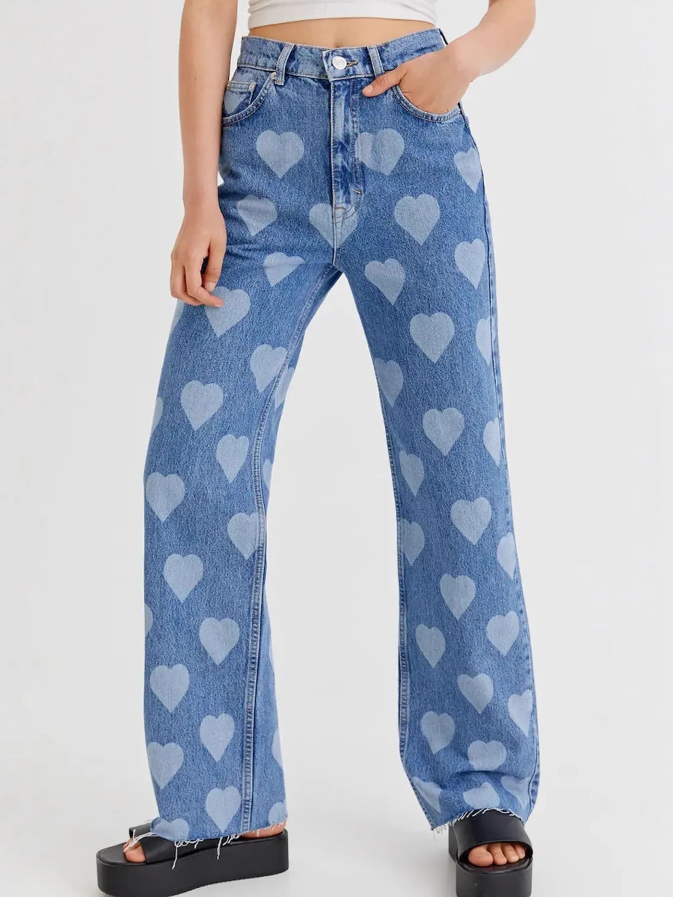 Heart Pattern High-Waist Wide Leg Jeans Medium