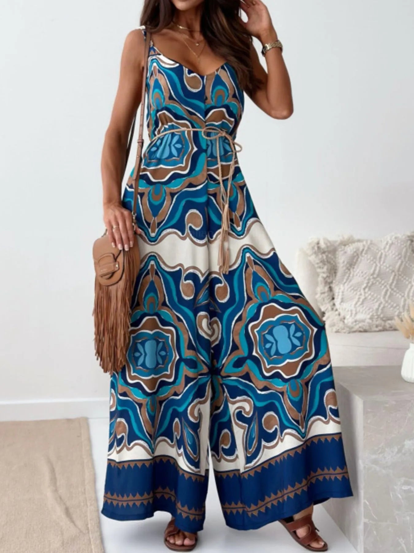 Paisley Print Spaghetti Strap Wide Leg Jumpsuit