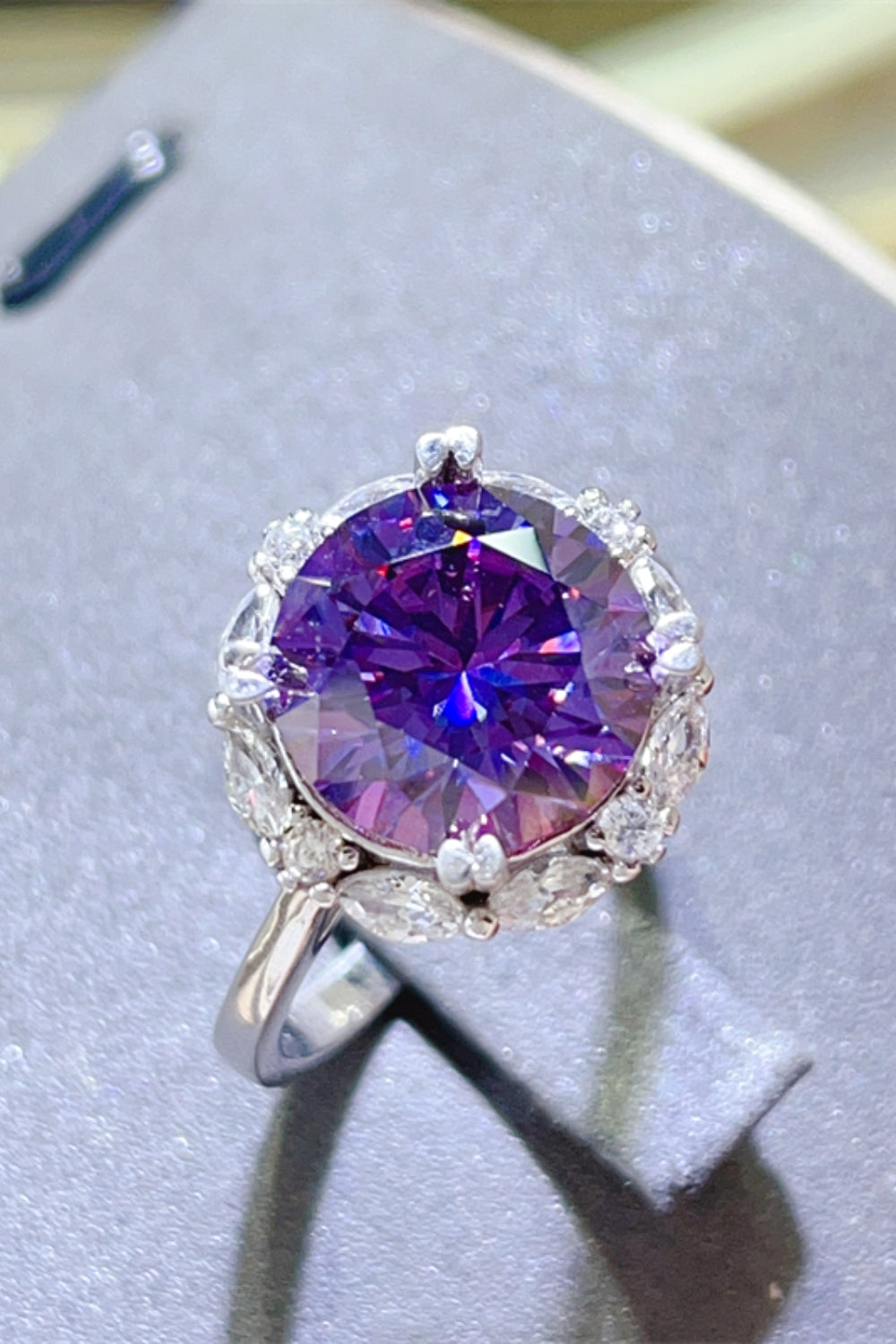 old european cut moissanite stackable fashion rings 5 Carat Moissanite 925 Sterling Silver Ring in Violet, size 9, 5, 6, 7, 8, shown in close-up highlighting gemstone detail