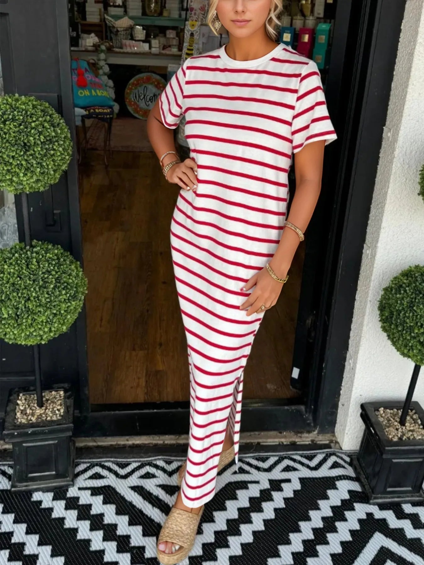 Full Size Striped T-Shirt Maxi Dress with Side Slit Plus Size Red