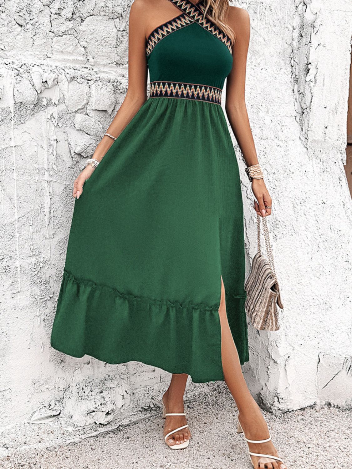 Devine Ruffled Slit Sleeveless Midi Dress