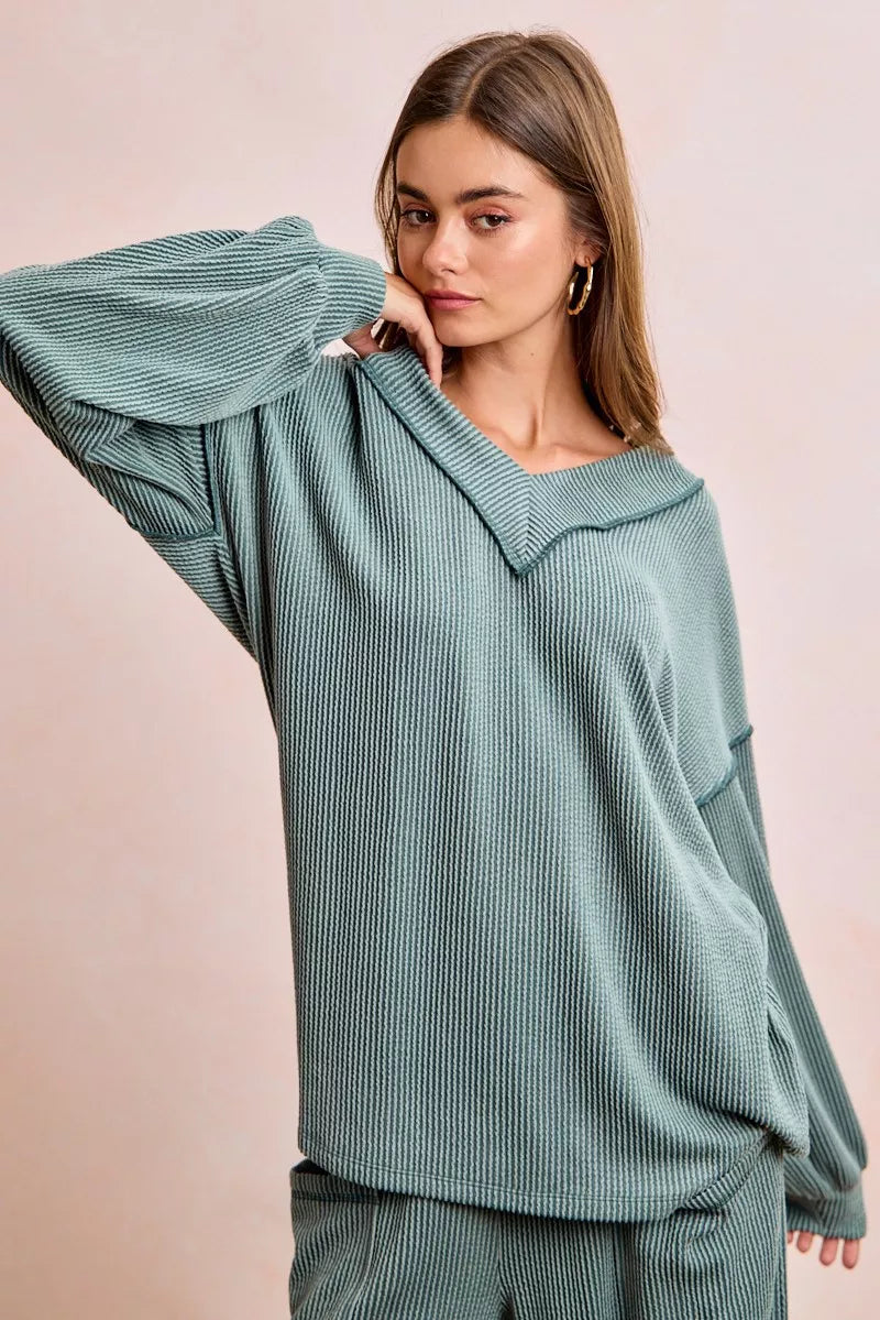 women's bibi two tone cord rib contrast stitching v-neck top and pants set - main product image