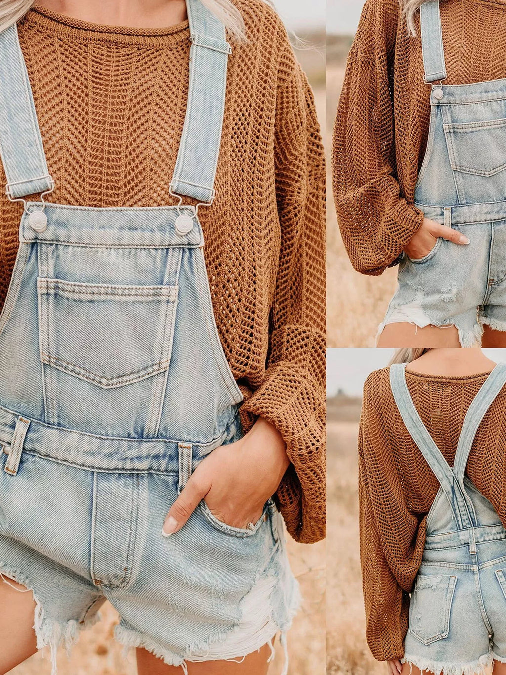 women's distressed denim overalls shorts - extra view