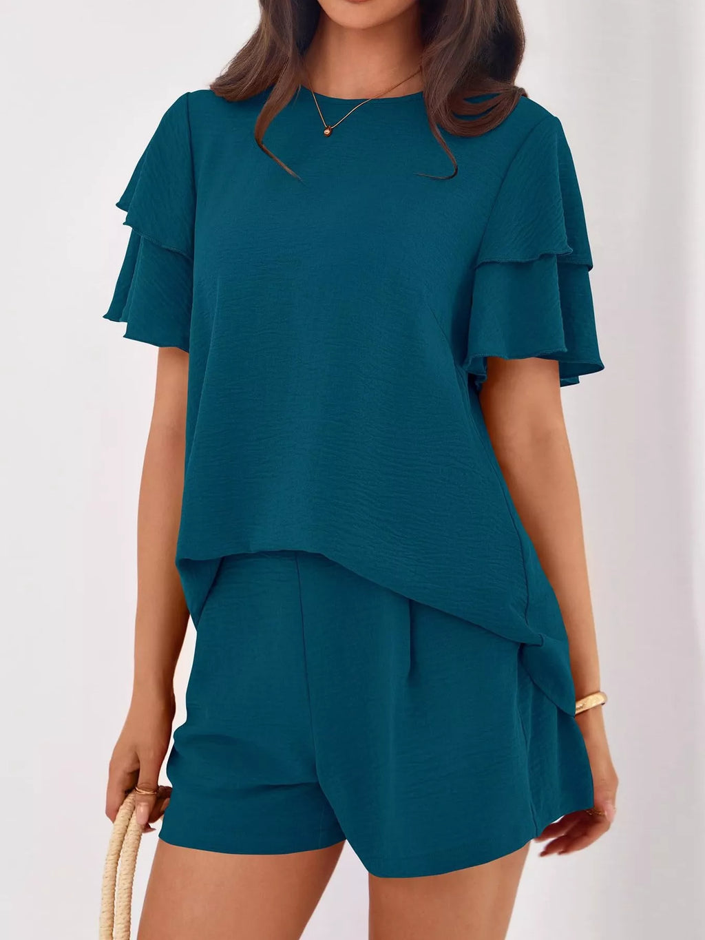 women's ruffle sleeve top and shorts two-piece set - extra view