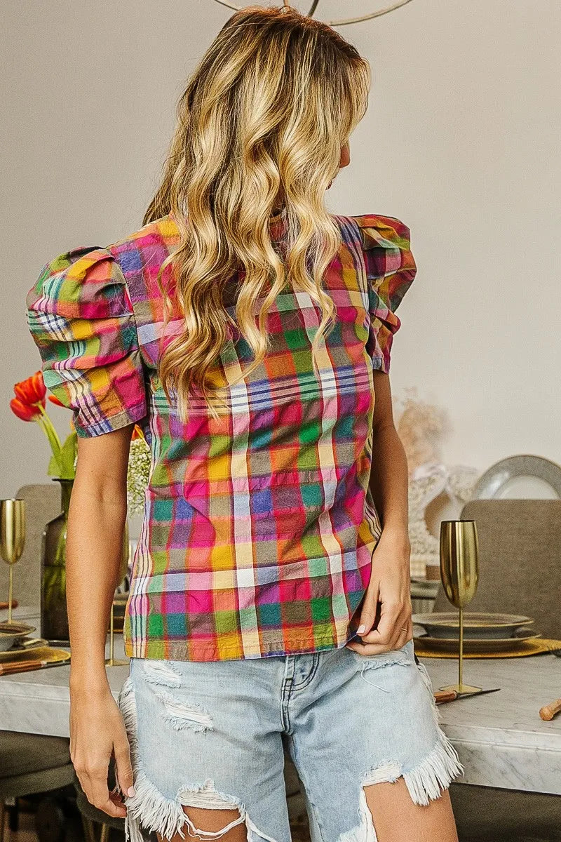 women's bibi short puff sleeve washed vintage plaid top - additional image