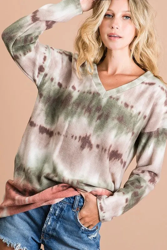 women's bibi brushed tie dye looking print v neck top - styling option