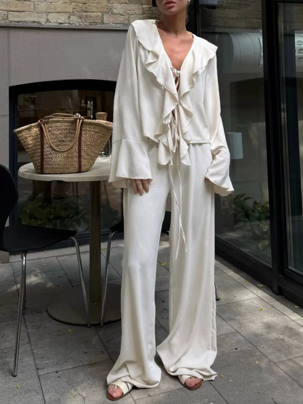 women's ruffle trim tie front top and pants set - styled view