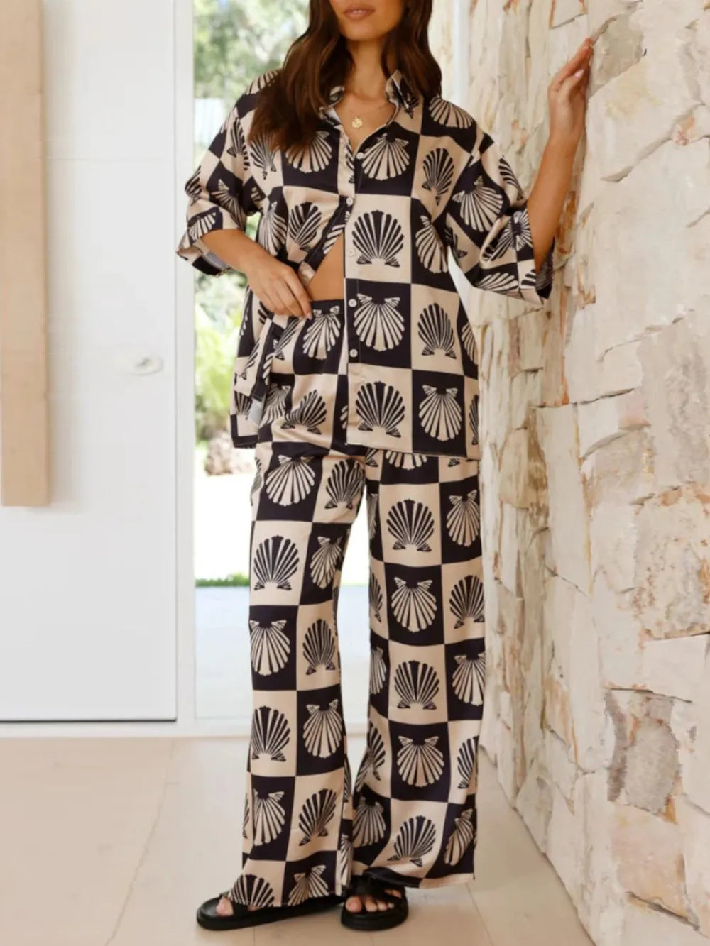 Printed Collared Neck Top and Wide Leg Pants Set Black