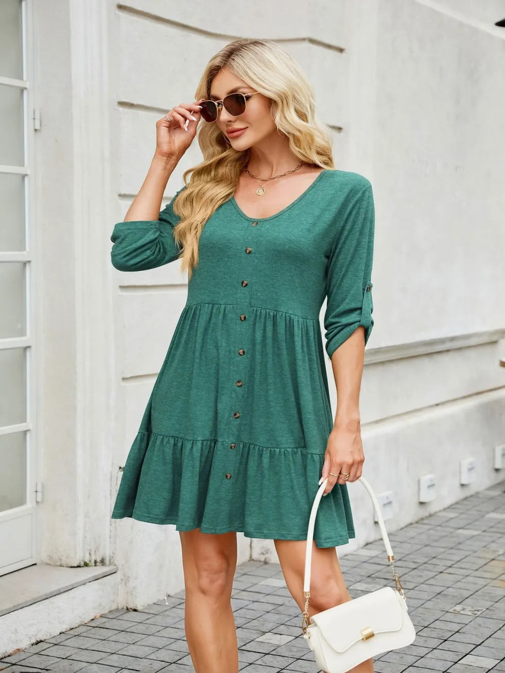 Tiered Ruched V-Neck Mini Dress