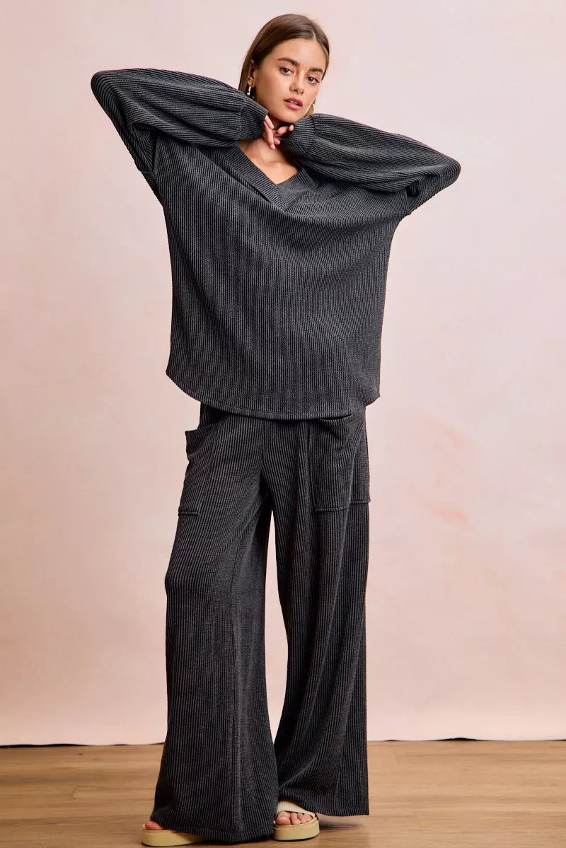 women's bibi two tone cord rib contrast stitching v-neck top and pants set - additional image