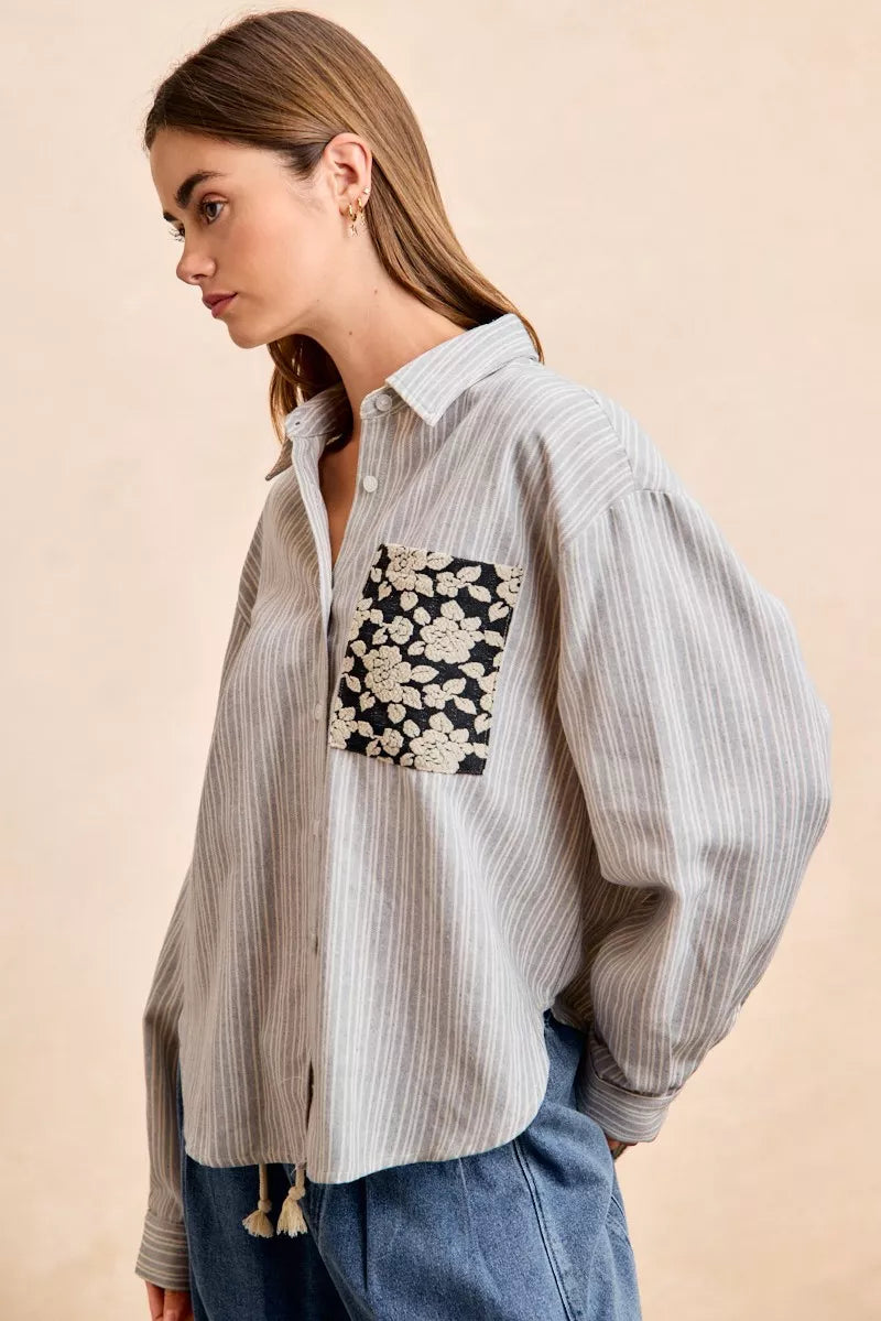 women's bibi flower jacquard knit patch pocket stripe shirt - extra view