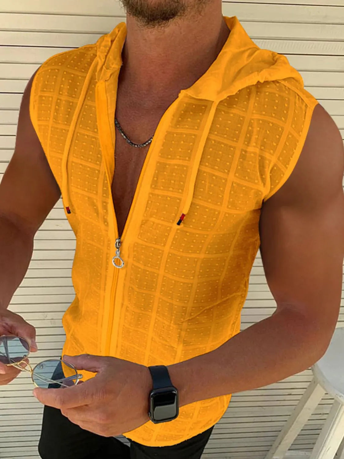 Men's Full Size Zip Up Sleeveless Hooded Top Plus Size Tangerine