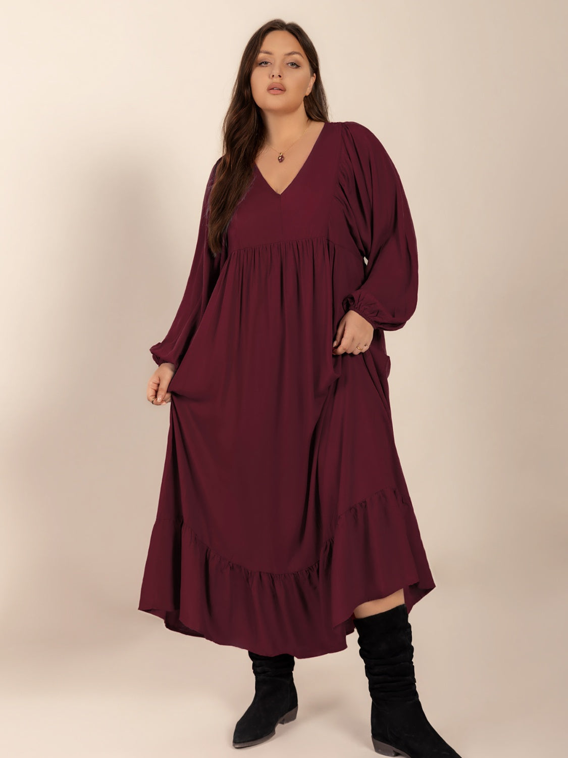 Plus Size Ruffled Hem V-Neck Balloon Sleeve Dress