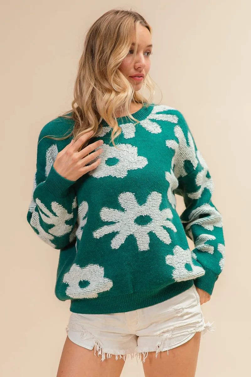women's bibi flower pattern long sleeves sweater top - lifestyle shot