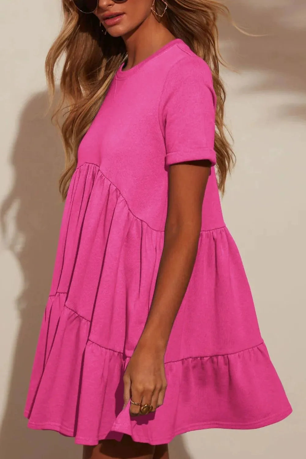 Tiered Round Neck Short Sleeve Mini Dress