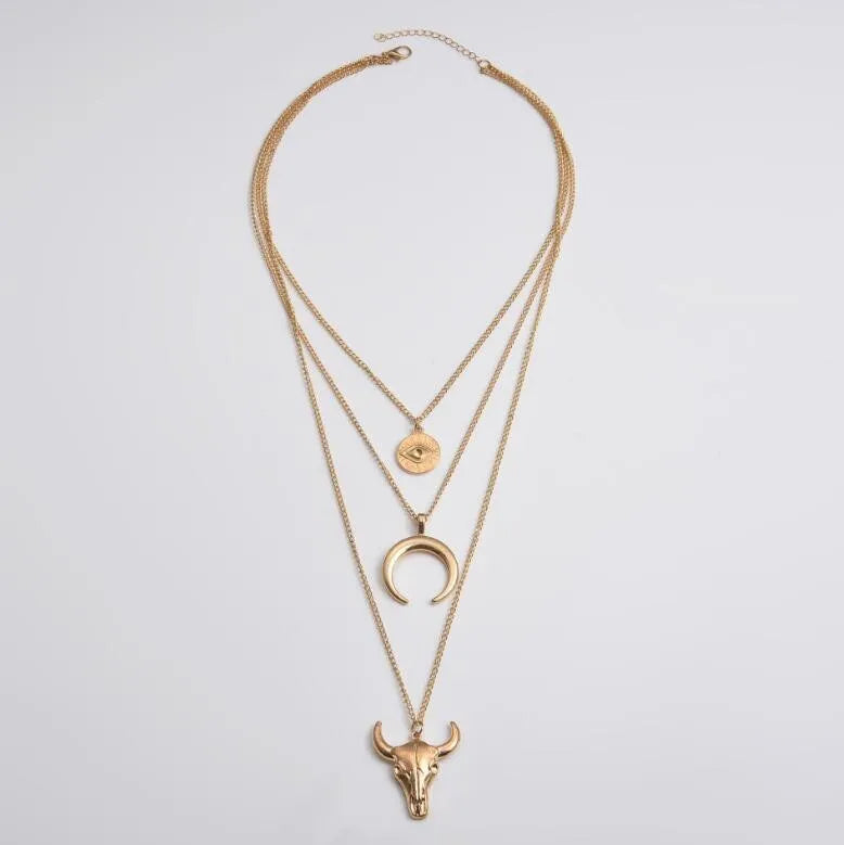 Alloy Three-Layered Bull Head Pendant Necklace