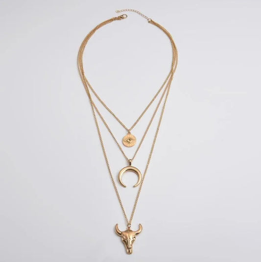 Alloy Three-Layered Bull Head Pendant Necklace