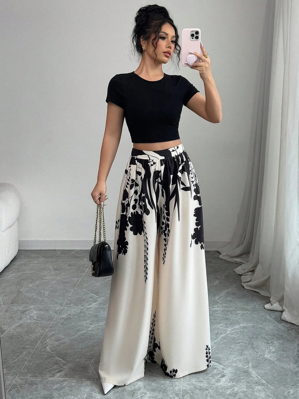 Printed Wide Leg Pants White