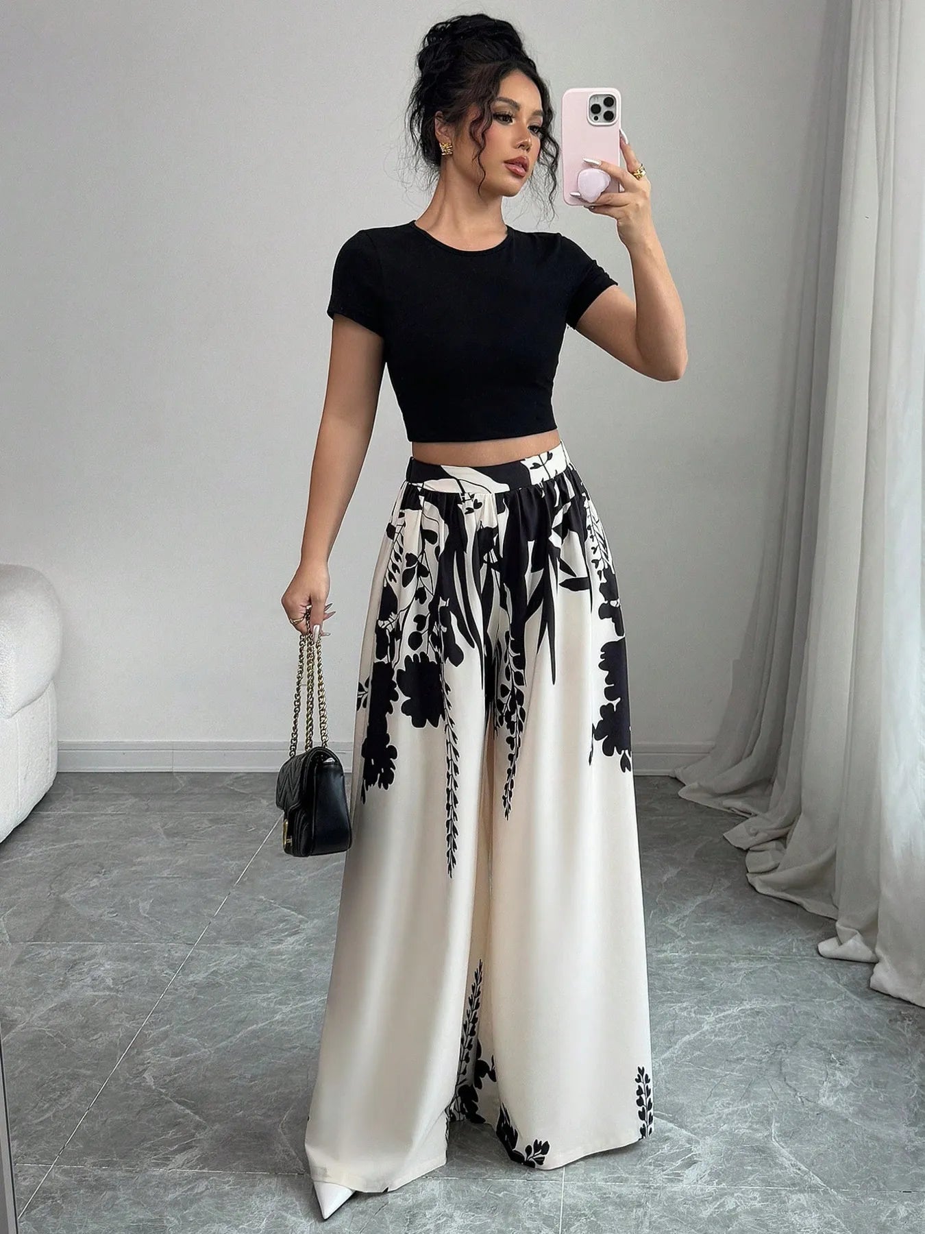 Printed Wide Leg Pants White