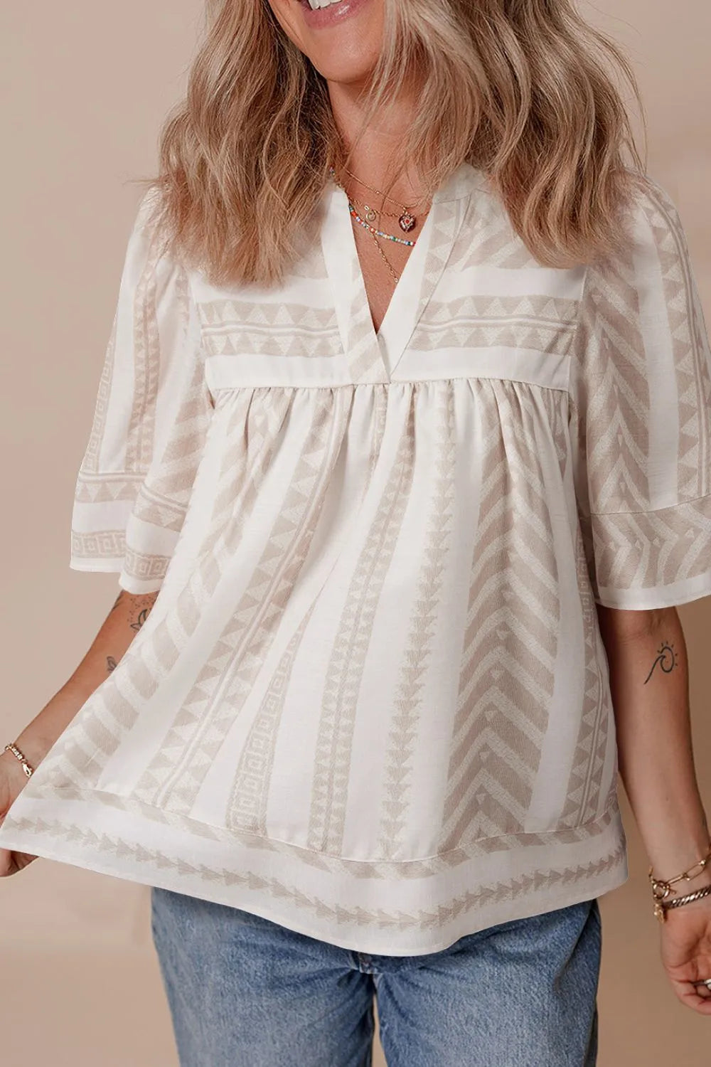 Geometric Jacquard Notched Half Sleeve Blouse Cream