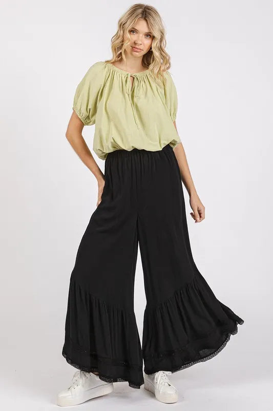 Mittoshop Lace Ruffle Asymmetric Hem Wide Leg Pants