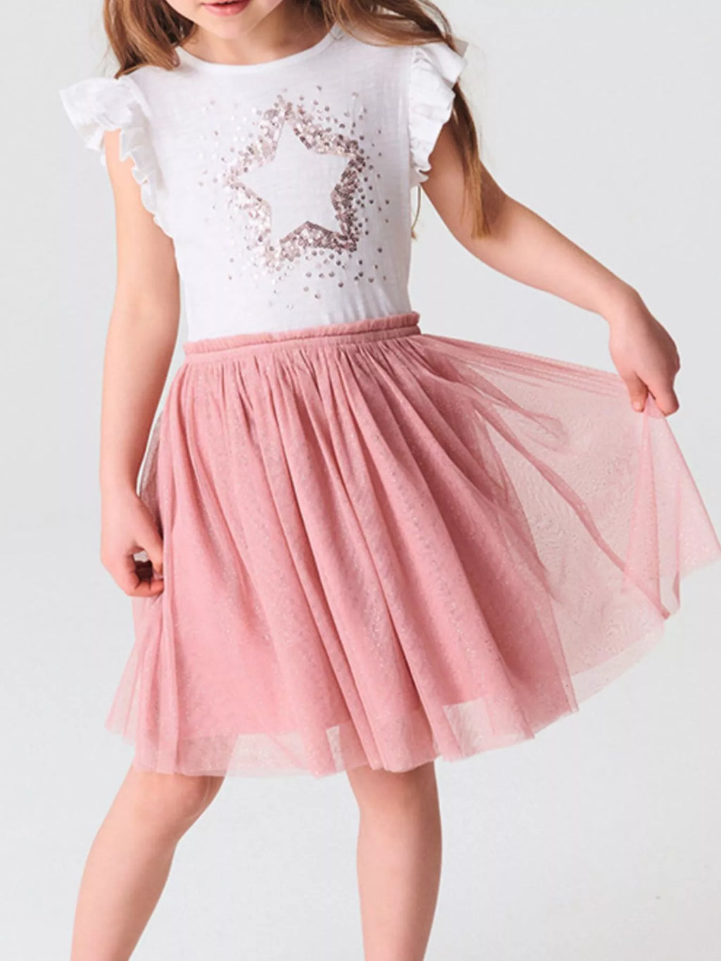 women's children's star sequin tulle ruffled sleeveless dress - styled view