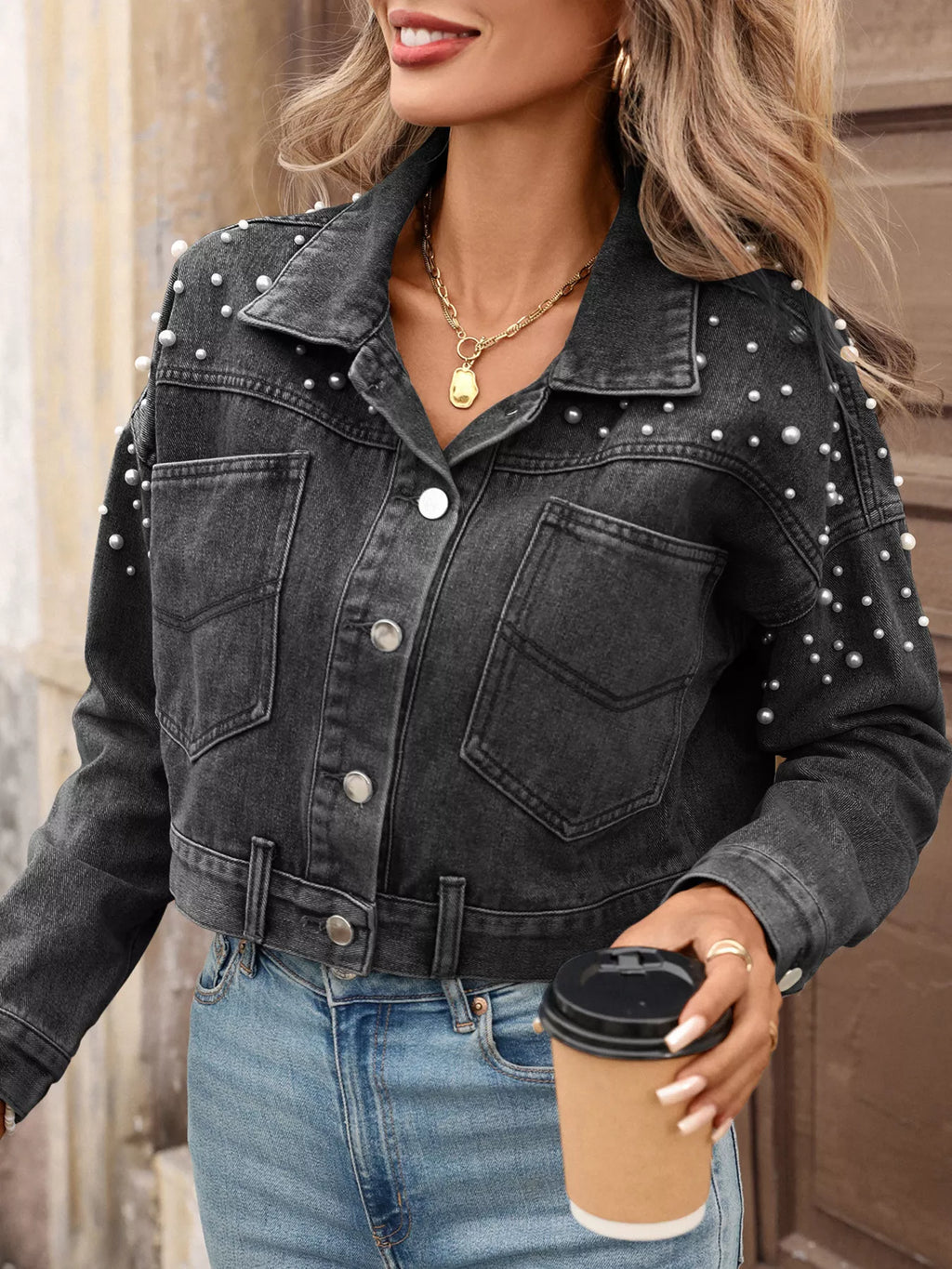 women's pearl embellished cropped denim jacket - styling option