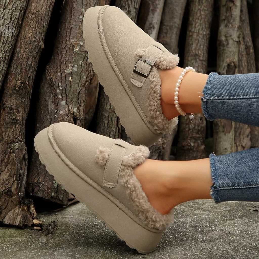 women's fuzzy trim buckle platform slippers - extra view