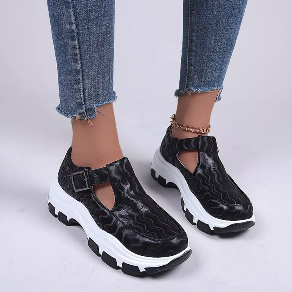 women's round toe platform sneakers - styled view