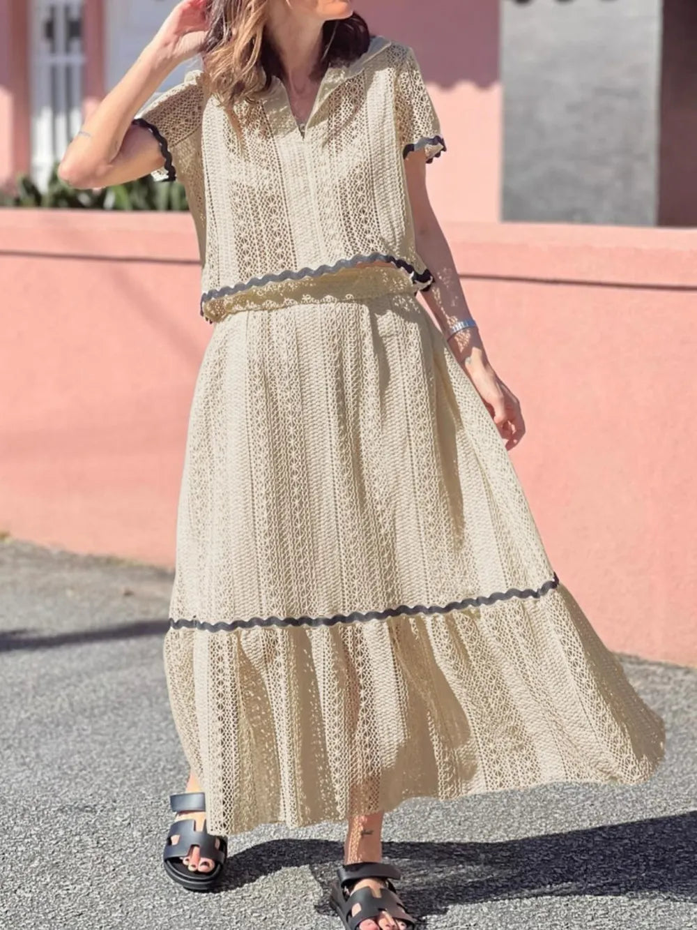 Contrast Trim Openwork Short Sleeve Top and Skirt Set Tan