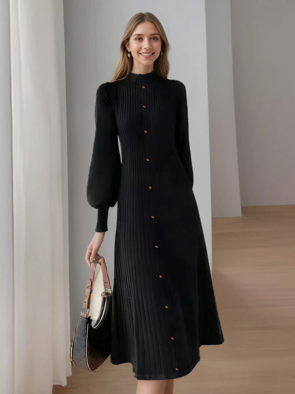 women's ribbed knit mock neck midi dress - product detail
