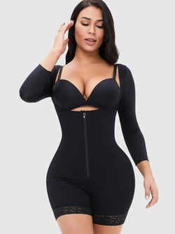full size zip up lace detail long sleeve shapewear - front view