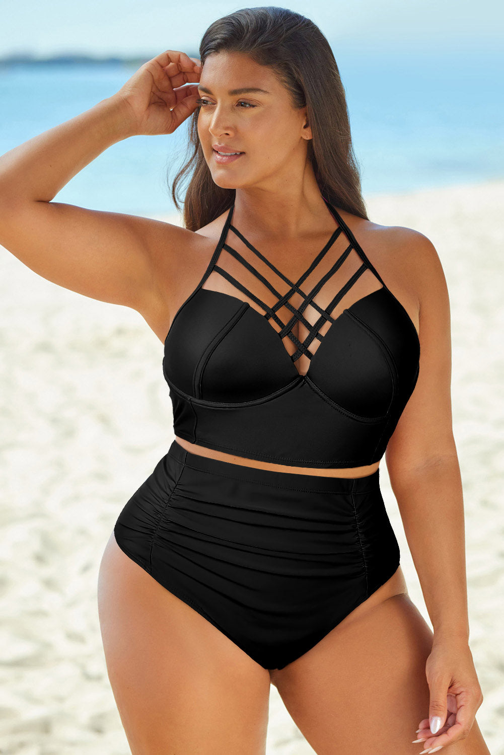 Full Size Halter Neck Crisscross Ruched Two-Piece Swimsuit Black