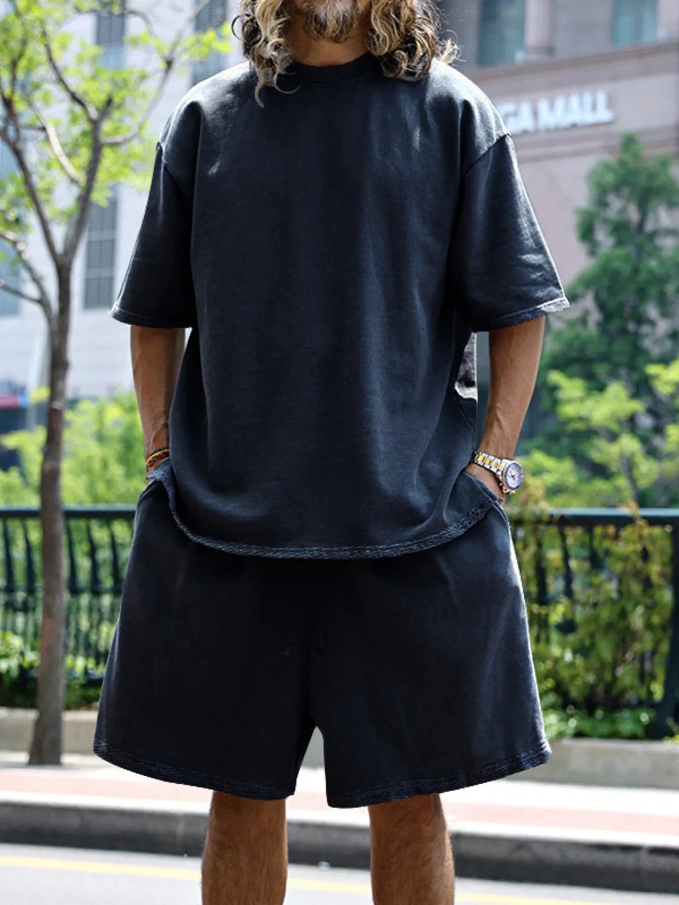 men's men's full size round neck short sleeve top and shorts set plus size - extra view