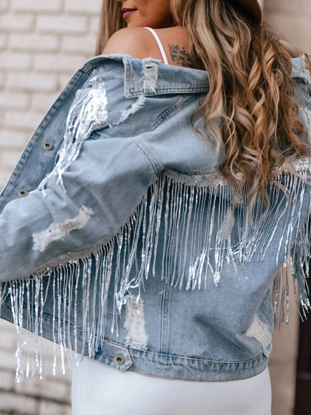 women's fringed sequin embellished denim jacket - styling option