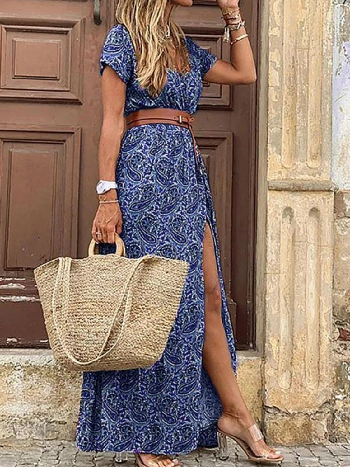 Full Size Printed V-Neck Short Sleeve Maxi Dress Plus Size Burgundy